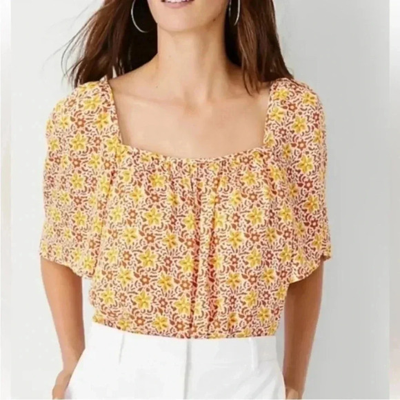 Ann Taylor NWT Square Neck Blouse Size XS Floral Yellow Angel Sleeve Flowy Loose - Picture 1 of 11